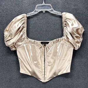Blue Blush Top womens Large Satin corset Beige Crop Puff short Sleeve sweetheart